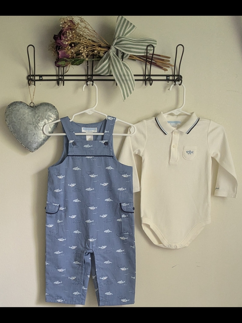 Janie and Jack Blue Shark Print Overalls with Cream Polo Bodysuit